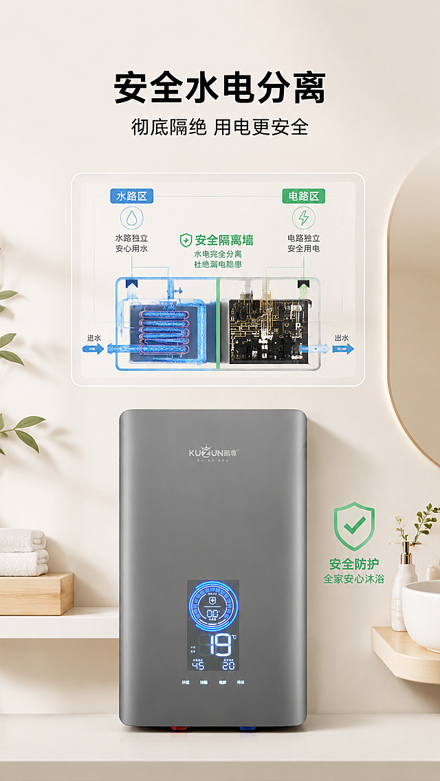 [模块-2] 电商主图即热式热水器卖点展示-水电分离安全技术。
[氛围/风格] 家居治愈风，柔和明亮，专业科技感，温馨简约。
[画面元素] 保持原即热式热水器产品灰色机身、蓝色显示屏所有外观细节不变，产品放置在画面中下部，展示内部水电分离结构示意图，用清晰示意图标注出水电分离的安全隔离设计，背景为浅暖米色，搭配简约浅色卫浴装饰。
[光影质感] 整体光线均匀柔和，突出产品轮廓和示意图结构清晰，产品金属质感真实自然。
[配色色系] 全局统一底色 #F5F1EB，主体配色 #A1A3A5（机身灰色）+ #4285F4（屏幕蓝色），辅助色 #4CAF50（安全标识绿色）。
[视角构图] 正面平视，产品主体位于中下区域，上方保留标题区域，构图平衡舒适。
[文字版式] 上方居中放置主标题 "安全水电分离"，加粗黑色无衬线字体，字号宽度占9%，下方配副标题 "彻底隔绝 用电更安全"，字号为标题35%，居中黑色浅字重，整体不遮挡产品核心展示区域。
[比例分辨率] 9:16 竖版，1080宽度，1920高度，超高清，文字清晰。
[负向提示词] 产品变形，文字错乱，示意图模糊，背景杂乱，颜色失真