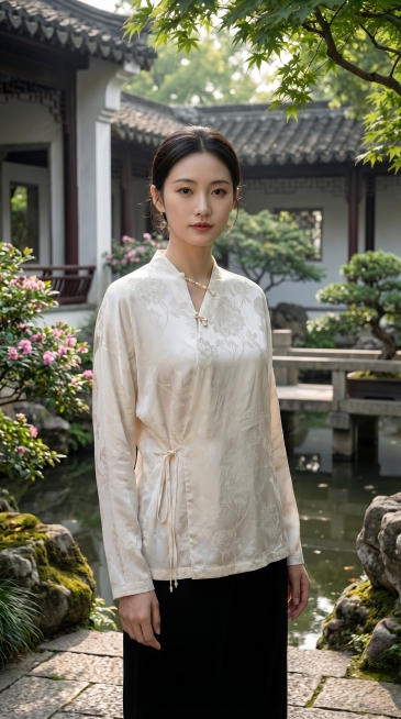 中国女性模特穿着这件米白色提花新中式斜襟系带衬衫，保持衬衫原有的花纹和款式细节，在江南园林雅致场景中展示服装，自然站姿，清新雅致风格预览效果