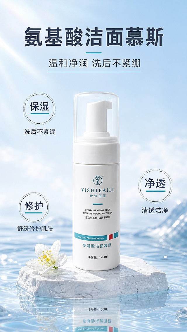 [商品] 使用【图1】伊诗佰俪氨基酸洁面慕斯白色按压泵瓶；保留瓶身结构、比例、白色瓶体、透明泵头罩、YISHIBAILI伊诗佰俪Logo、中英文产品名、净含量120ml等所有瓶身文字与图案，不做任何改写；产品竖直摆放，正面朝向观众。
[画面] 页面目标：美感头图，建立清透水润高级感，突出三大核心卖点。构图：产品居中偏下，占画面约55%，放置在白色冰裂纹石台上；前景水面波纹倒影，中景产品与石台，背景浅蓝渐变水感天空，左下角点缀一朵白色橙花；左上区域放主副标题，左右两侧分布3个圆形虚线利益icon（左上保湿、右侧净透、左下修护）。阅读动线从上到下、从左到右。
[视觉] 套系策略：风格=清透水润高级商业摄影风；标题字=现代简约无衬线粗体；正文字=纤细无衬线体；主色=浅冰蓝+纯白；背景延展=基于浅冰蓝做深浅渐变、水波纹质感、云雾层次延展；强调色=湖蓝色，仅用于小面积图标下划线、标签、引线和点缀光效；标题色=深炭灰蓝；正文色=中灰蓝；组件=圆形虚线边框icon、细横线分隔、圆角半透明白底信息卡；光影=左前侧柔和自然光，产品底部有水面倒影和接触阴影，整体通透明亮。
[文字] 顶部主标题「氨基酸洁面慕斯」，副标题「温和净润 洗后不紧绷」；左侧上方圆形icon「保湿」+小字「洗后不紧绷」，右侧圆形icon「净透」+小字「清透洁净」，左下圆形icon「修护」+小字「舒缓修护肌肤」；文字均为横排，不遮挡产品主体和Logo。
[规格] 图片比例9:16竖版，4K分辨率，淘宝/天猫详情页适配；负向提示：避免变形、错字、文字过小、产品颜色改变、瓶身文字错乱、竖排文字、绝对化用语、医疗功效宣称。