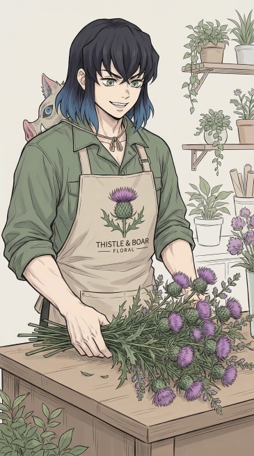 保持原稿日系漫画线稿上色风格，生成嘴平伊之助形象的花店服务员，更换为全新服装和不同动作，加入蓟花元素，使用简洁浅色背景，保留店铺服务员设定预览效果