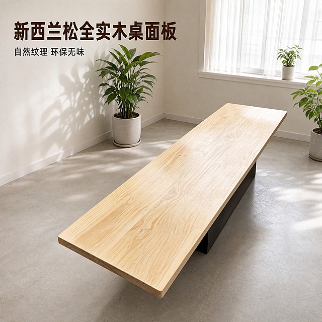 [主图-1] 空间场景与氛围 新西兰松全实木桌面板整体展示。
[统一基调] 温馨居家生活感 高级材质透视 温馨暖调自然光 午后慵懒光斑 原木浅木色主调 白色墙面 浅灰色水泥地面 白色纱帘 绿植点缀 标题深木色 辅助文字深灰色 无衬线粗体标题 细体辅助文字 满版无边框。
[画面] 新西兰松桌面板斜45度角放置在明亮的北欧风格客厅空间中 完整展示桌面长度与厚度 桌面木纹自然清晰 保留原木板的真实纹理与拼接结构 桌面板下方为简约黑色支撑底座 背景为白色墙面 右侧大窗户配白色纱帘 午后阳光透过纱帘洒下柔和光斑 地面为浅灰色微水泥 画面左侧角落放置一盆大型绿植 右侧窗边有小型绿植点缀 整体空间干净通透 突出桌面板的自然质感与空间适配性 产品占画面约65% 视角为略微俯视的45度斜角。
[光影质感] 商业摄影质感 主光从右侧窗户射入 形成柔和的自然光效 桌面有轻微反光体现实木漆面质感 桌板边缘有清晰的厚度阴影 地面投射自然的桌影 整体光影柔和 突出木材纹理的立体感。
[配色] 原木浅木色为主 白色墙面 浅灰色地面 绿色植物点缀 深木色标题文字 深灰色辅助文字 整体色调温暖自然。
[文字版式] 画面左上角放置主标题 主标题为深木色粗体无衬线大字 内容为「新西兰松全实木桌面板」 主标题下方一行辅助文字为「自然纹理 环保无味」 文字左对齐 直接贴在墙面负空间 不遮挡桌面主体 文字清晰可读。
[输出要求] 1:1正方形比例 2K分辨率 产品清晰不变形 木纹真实自然 无水印无平台Logo 无多余杂物 画面干净整洁 商业摄影级质感。