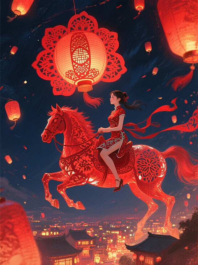 空中穿剪纸纹样旗袍的少女骑着马造型的巨型花灯从远处奔腾而来，花灯呈红色剪纸风格，周身漂浮剪纸窗花与红色飘带。背景是夜空下飞舞的剪纸灯笼与红色光效，底下是万家灯火，充满传统年味。