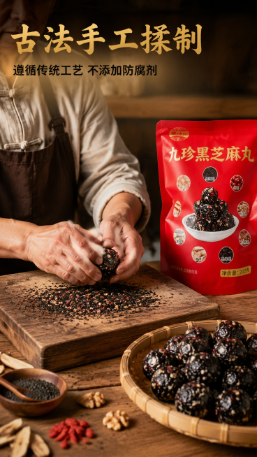 [第5屏] 古法手工制作场景，体现工艺特色。
[氛围/风格] 传统手工氛围，温暖质朴，真实纪实感。
[元素布局] 画面展示老师傅手工揉制黑芝麻丸的场景，双手在木质案板上操作，已经揉好的黑芝麻丸放在旁边预览效果
