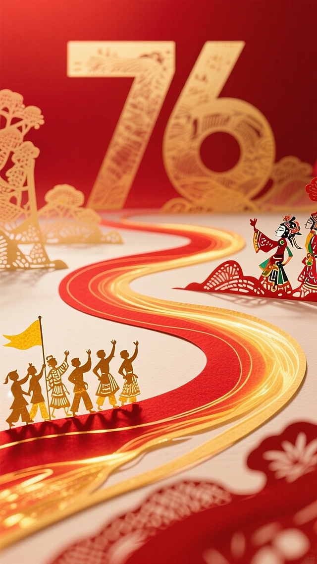 剪纸风与皮影风交融，金色“76”浮雕背景，微缩人物行进于红金光带之上，国潮感十足，喜庆中透出浓厚民族韵味。