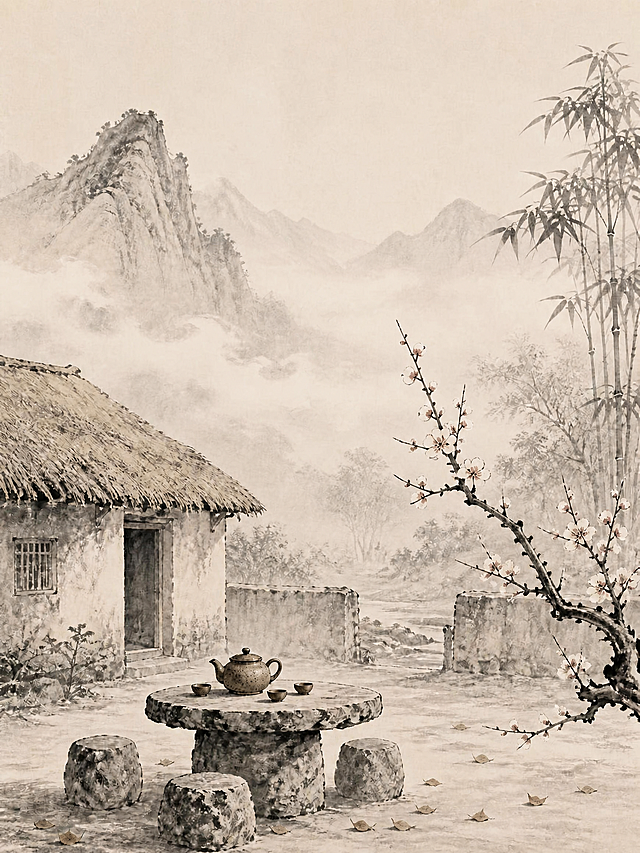 去除画面中央竖排的'返璞归真'四个黑色书法文字，保持其余画面完全不变，补全文字覆盖区域的背景山水云雾，使其与周围环境自然融合，无缝衔接