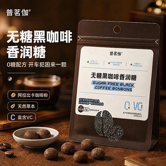 将画面中所有的咖啡糖（包括白色小碗里的2颗、桌面上散落的6颗）全部替换为参考图中的咖啡糖样式：表面裹有咖啡粉、呈深棕褐色、带有糖粉颗粒质感的圆形糖粒；替换后的糖粒大小、位置、数量、摆放角度与原糖保持一致，光影与整体场景匹配，有真实的接触阴影和高光；保持产品包装袋、咖啡杯、咖啡豆、薄荷叶、木质桌面、背景光斑、左侧文字等所有其他元素完全不变。