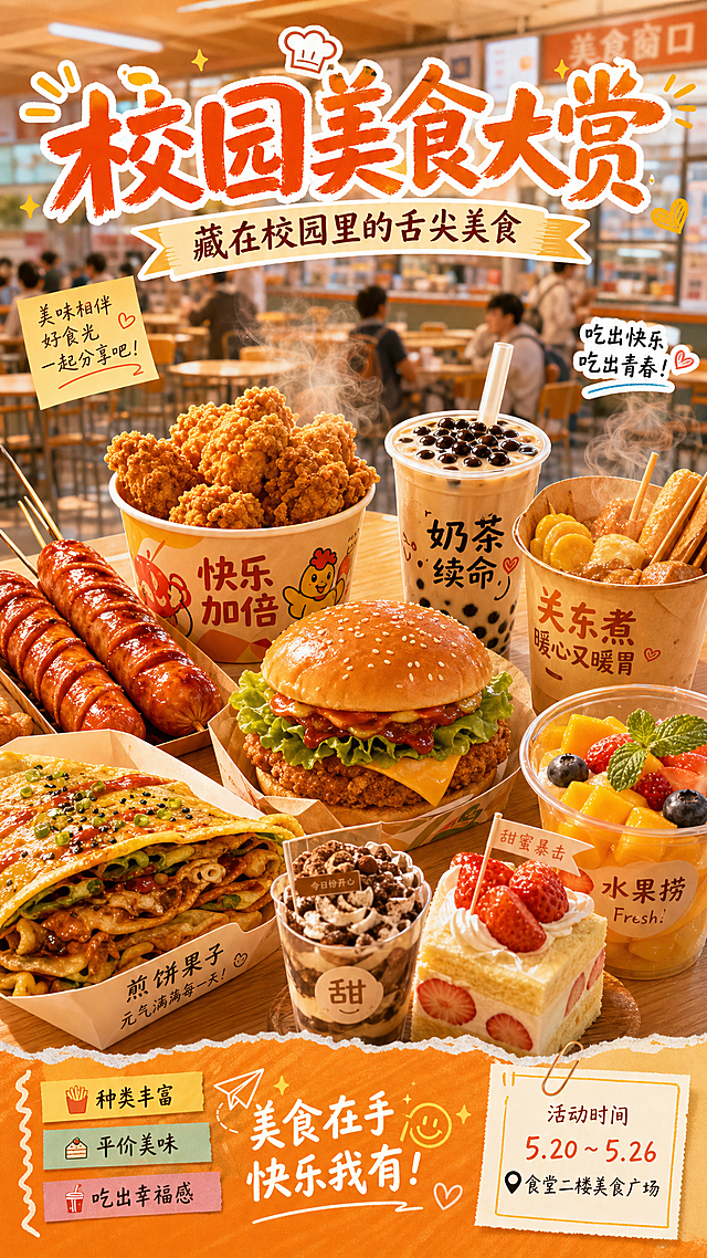 校园美食大赏宣传海报，画面展示多种精美的校园小吃，顶部有醒目标题文字“校园美食大赏”，副标题是“藏在校园里的舌尖美食”，青春活泼风格，暖色调，美食特写，校园食堂背景