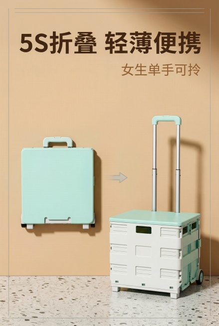 严格还原参考图中薄荷绿+白色折叠购物车设计、包装细节、配色、LOGO位置，精准复刻所有细节无偏差。主标题为"5S折叠 轻薄便携"，位于画面上1/3居左，字体为简约无衬线体，颜色为深咖色；副标题为"女生预览效果