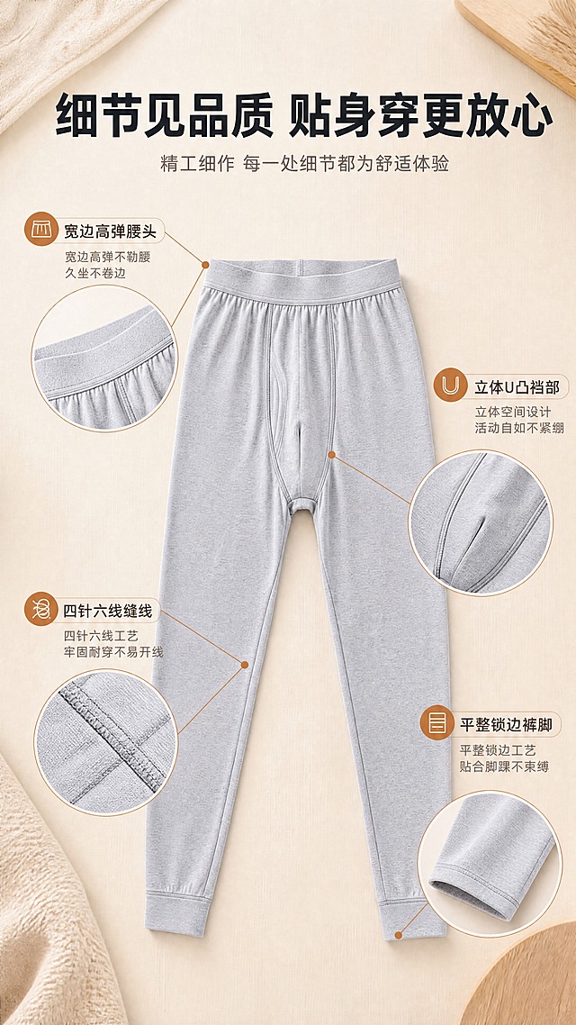 [商品] 使用【图1】【图2】男士莱卡棉秋裤，浅灰色；商品处理：保留腰头、前裆、裤脚、缝线等结构和颜色；局部放大细节，增强缝线针脚、面料纹理和做工质感，不改变版型。
[画面] 页面目标：细节工艺页，4大细节引线展示品质。构图：产品全貌居中，四周引线标注细节。主体位置：中部，秋裤平铺展示全貌。景别：中景+细节引线。阅读动线：从中心向四周扩散。前中后景：前景产品+引线标注、中景产品、背景浅米白+细腻纹理底。
[视觉] 套系策略：风格=温暖居家高级商业摄影；标题字=现代无衬线粗黑体；正文字=简洁无衬线体；主色=浅麻灰+藏青；背景延展=基于暖木色+米白做深浅层级、同色渐变和细腻织物/木纹质感；强调色=暖焦糖色，仅用于小面积图标、引线和标签；标题色=深炭灰；正文色=中暖灰；组件=圆角浅底信息卡、细线引线、圆形图标；光影=正上方柔和平光。
[文字] 顶部主标题"细节见品质 贴身穿更放心"；4处引线标注："宽边高弹腰头"、"立体U凸裆部"、"平整锁边裤脚"、"四针六线缝线"。所有文字横排。
[规格] 图片比例9:16竖版，4K，避免变形、错字、文字过小、模特人物、冷蓝/蓝灰背景、衣服颜色改变、版型失真、极限词、平台logo。