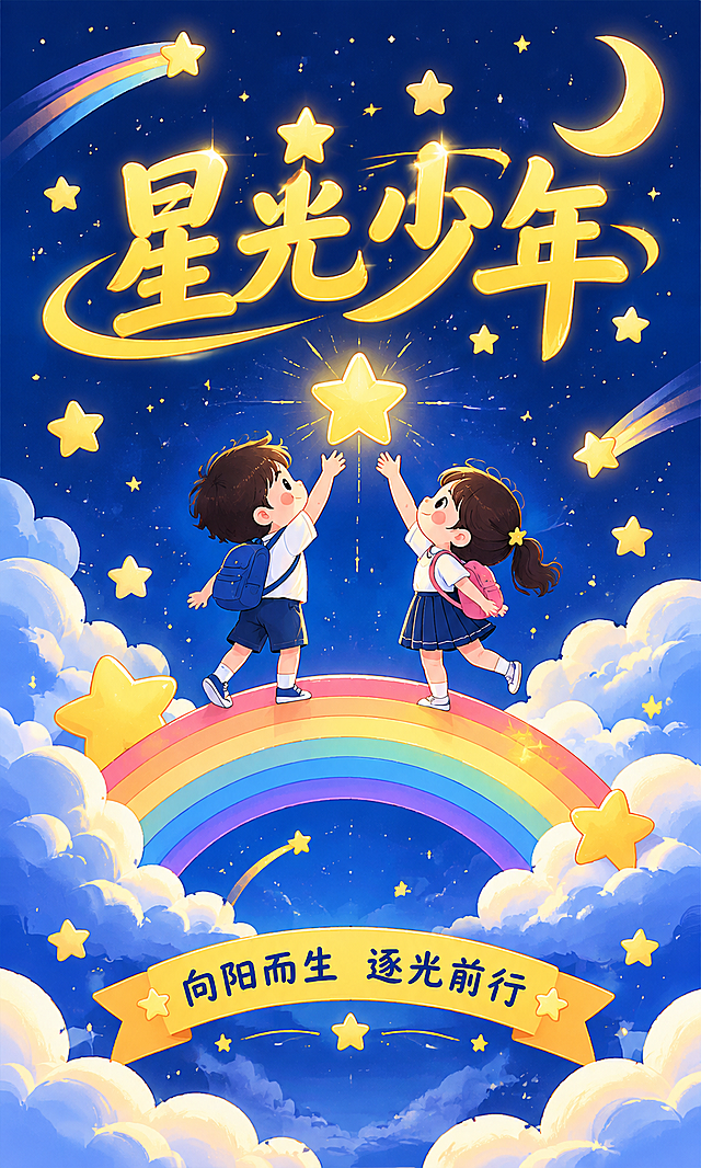 设计前门墙壁KT板，星光少年主题，适合挂在教室前门旁墙壁的画框位置。具体要求：

1. 尺寸：宽76cm × 高125cm，竖版（比例约3:5）

2. 整体风格：深蓝星空底色，金黄色星星、月亮、彩虹等星光元素，童趣梦幻风格，与星光少年班级主题完全协调统一

3. 主标题："星光少年" 或 "逐梦星光"，字体醒目大气，金黄色发光效果，位于画面上部

4. 画面主体：两个卡通小孩（男孩女孩）站在彩虹上伸手摘星星的剪影或插画，位于画面中部，呼应星光少年班徽主题

5. 下方可加一句励志短句："向阳而生 逐光前行" 或 "璀璨星光 闪耀华阳"

6. 装饰元素：大量金黄色星星、弯月、云朵、彩虹、流星等，营造梦幻星空氛围

7. 画面中必须完整呈现以下文字："星光少年"

8. 版式精美，竖向构图均衡，四周留边距，整体温馨童趣，适合教室前门墙壁装饰