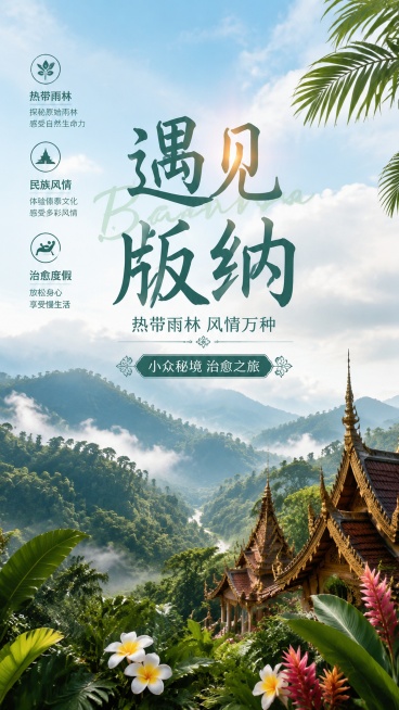 写实商业摄影风格，版纳旅游宣传海报，整体色调清新自然，展示热带雨林郁郁葱葱的茂盛植被景观，背景是云雾缭绕的热带雨林山谷，前景是傣族风格建筑剪影和点缀的热带花卉，画面清新治愈。版式精美，大标题居中放置，预览效果