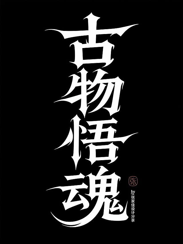 艺术字体设计，“古物悟魂”，哥特风格，笔画硬朗，大气磅礴，笔画巧妙延长设计变形，干净的黑色背景，右下角有“by张家佳设计分享”小印章