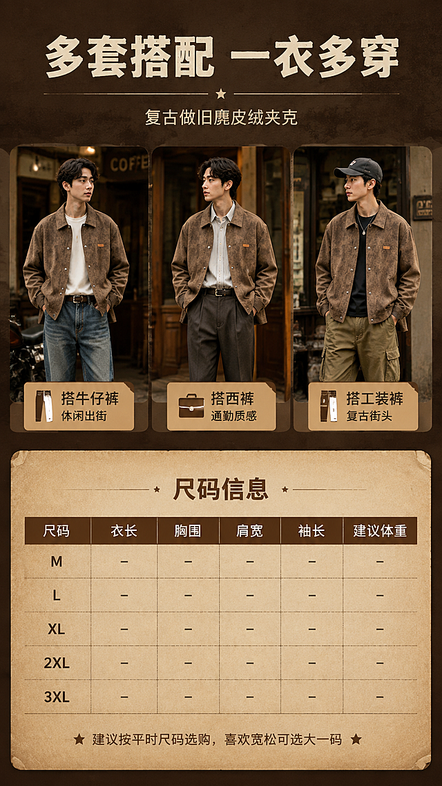 [商品] 使用【图1】咖啡色做旧麂皮绒翻领夹克；商品处理：保留翻领、单排金属按扣、胸前双贴袋、左侧棕色小皮标、长袖、直筒微廓版型、做旧斑驳麂皮绒纹理、颜色和整体结构；自然去皱，增强面料肌理、缝线、五金和皮标质感，不改变版型、颜色和结构。
[画面] 目标：第6张搭配灵感+尺码信息页，上半部分展示2-3套穿搭组合，下半部分尺码选购表。构图：上下分栏，上半部分2-3张穿搭小图横向排列（夹克分别搭配牛仔裤、休闲西裤、工装裤），下半部分尺码信息卡；景别：上半部分为中景穿搭小图，下半部分为信息卡；前中后景：上半部分穿搭图为暖棕调街拍/棚拍场景，下半部分为做旧纸张质感信息卡背景；阅读动线从上到下。
[视觉] 套系策略：风格=美式复古轻工装高级商业摄影；标题字=粗衬线复古字体；正文字=简洁无衬线体；主色=深咖棕；背景延展=基于深咖棕做深浅层级、同色渐变和细腻做旧纸张/水泥肌理质感；强调色=焦糖棕，仅用于小面积图标、引线和标签；标题色=米白；正文色=浅暖棕；组件=做旧牛皮纸信息卡、细棕线引线；光影=均匀暖柔光，信息清晰。
[文字] 上方主标题"多套搭配 一衣多穿"，穿搭小图标注：「搭牛仔裤 休闲出街」「搭西裤 通勤质感」「搭工装裤 复古街头」；下方尺码表含字段：尺码、衣长、胸围、肩宽、袖长、建议体重，并附选码建议"建议按平时尺码选购，喜欢宽松可选大一码"；所有文字横排，表格清晰手机端可读。
[规格] 图片比例9:16竖版，4K，避免变形、错字、文字过小、冷蓝/蓝灰背景、衣服颜色改变、版型失真、绝对化用语、虚构精确参数（尺码字段保留通用字段即可）。