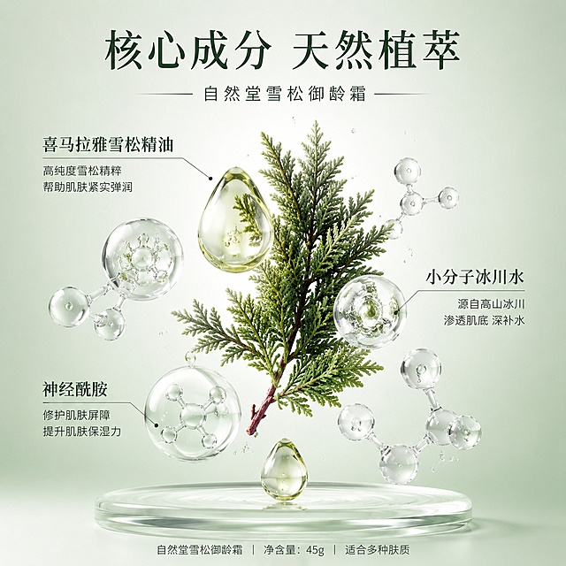 [主图-2] 自然堂雪松御龄霜核心成分解析主图。
[氛围风格] 科研硬核成分背书，干净清透天然质感。
[画质] 超写实商业渲染，C4D产品渲染风格，Octane物理级渲染，细节清晰分辨率高。
[元素] 画面中心放置3D悬浮的真实雪松枝叶和精油透明水滴，周围错落排列透明分子球代表抗老活性成分，用极简细引线标注对应成分：喜马拉雅雪松精油、小分子冰川水、神经酰胺，整体画面干净通透，背景为浅绿渐变，突出成分本身，产品信息保持与原图一致。
[光影] 整体柔光漫射，分子球和精油带有通透高光，光影干净层次清晰，没有杂乱阴影。
[配色] 浅绿渐变背景，搭配深绿枝叶，透明无色分子球，文字深绿标注，配色自然协调。
[视角构图] 正中心构图，成分元素主次分明，不拥挤，留白足够。
[文字版式] 顶部大字写"核心成分 天然植萃"，下方成分标注字体大小区分，主成分字体稍大，文字都在负空间，不遮挡核心元素，排版整齐，文字清晰。
[比例分辨率] 1:1比例，2k分辨率，超高清，文字清晰。
[负向提示词] 变形，文字错乱，背景杂乱，水印，电商平台Logo，绝对化违禁词，夸大功效表述