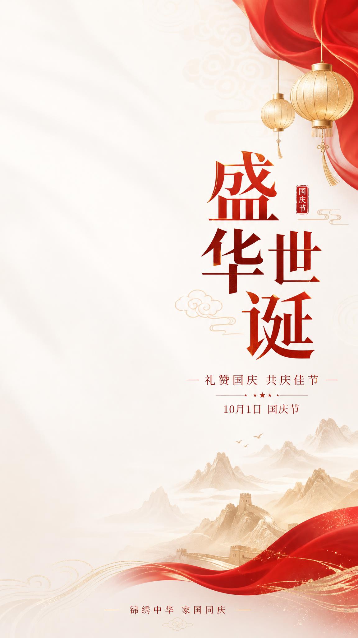 竖版国庆节海报，9:16比例。干净白色渐变背景，柔和光影，红金… - 图片创意预览