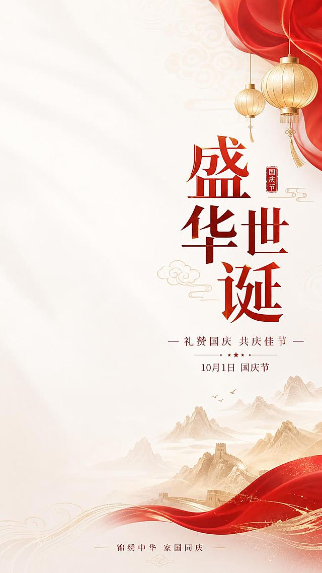 竖版国庆节海报，9:16比例。干净白色渐变背景，柔和光影，红金低饱和度配色，庄重雅致现代商务风格。画面左侧大面积留白预留产品放置区域，保持干净通透。右侧及中上区域为文字排版区，主标题大字「盛世华诞」，副标题「礼赞国庆 共庆佳节」，下方标注日期「10月1日 国庆节」，底部装饰短句「锦绣中华 家国同庆」，文字排版精美层级清晰。右上角点缀红色绸缎和简约金色灯笼，右下角有淡金色山水剪影与红色飘带装饰，简约祥云纹理作为底纹若隐若现。精致节日装饰元素小面积分布于右侧边角，不抢主体。整体产品摄影级质感，高清细腻，无多余杂物，四周留足安全边距，竖版构图平衡美观。