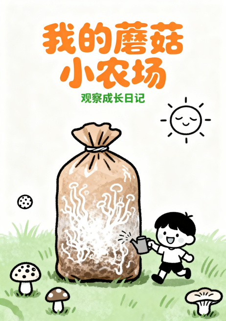 A4尺寸封面设计，主视觉是卡通风格的浅棕色袋装蘑菇菌包，袋子表面有白色菌丝纹理，菌包旁边站着一个笑脸、动作活泼的小朋友，小朋友举着喷壶。背景是淡绿色草地，有一个眯着眼笑的太阳公公。画面中添加圆润字体的预览效果