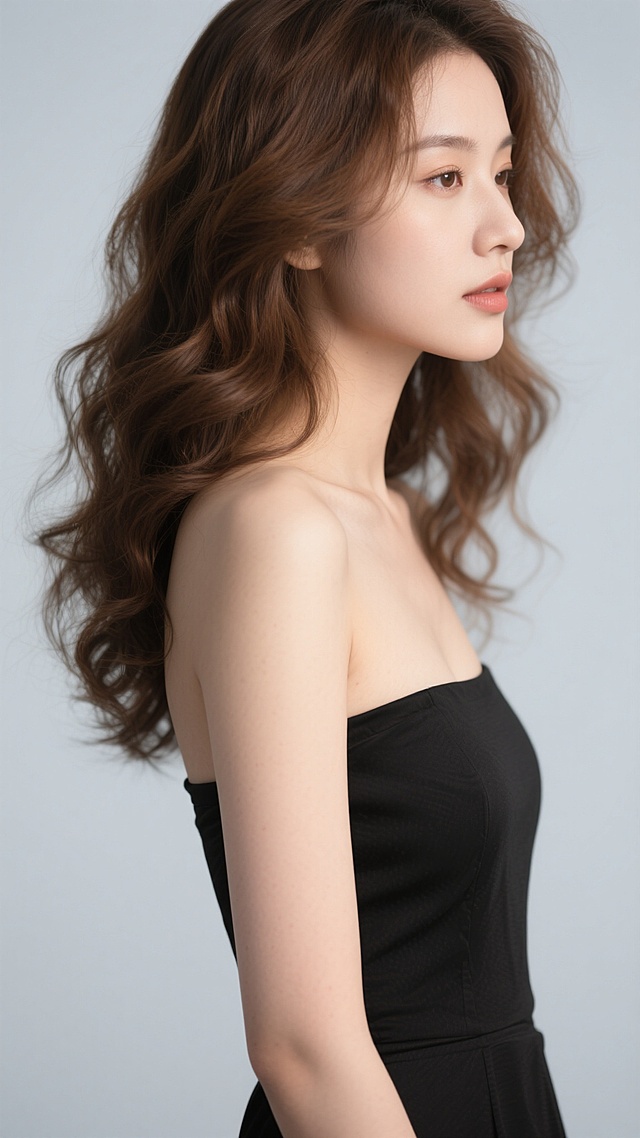 女性侧脸特写，柔和侧光，浅灰色背景，光滑细腻的肌肤质地，黑色抹胸礼服，保持头发主题，变换为棕色波浪卷发，发丝蓬松有层次，发尾微卷，光泽感强，整体画面简约干净，突出发型与发质的精致感。