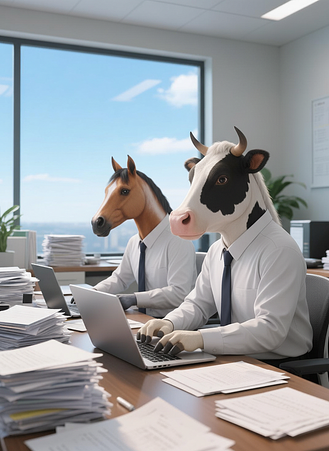 将图片上的角色换成牛和马，风格保持不变