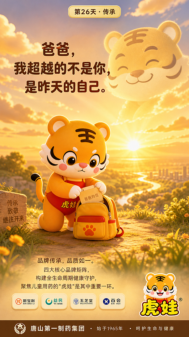 朋友圈每日一签海报，9:16竖版。以参考图中的虎娃IP形象（橙色小老虎，红色肚兜写有虎娃二字，额头王字，圆润可爱3D风格）为主角，虎娃郑重地将虎爸的信收好放进背包里，表情庄重而充满力量。天空中，虎爸的金色投影正渐渐消散，留下一个骄傲和欣慰的微笑。背景是温暖的黄昏，阳光穿过云层洒下。顶部圆角日签标签：'第26天 · 传承'。中部旁白：'爸爸，我超越的不是你，是昨天的自己。' 底部产品文案：'品牌传承，品质如一。四大核心品牌矩阵，构建全生命周期健康守护，聚焦儿童用药的"虎娃"是其中重要一环。' 右下角虎娃品牌logo。最底部企业落款：'唐山第一制药集团 · 始于1965年 · 呵护生命与健康'。儿童绘本风格，黄昏暖金色调，传承致敬、继往开来氛围。