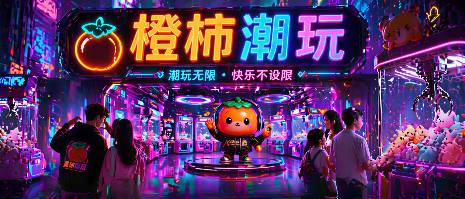 保留主标题橙柿潮玩，潮玩无限 快乐不设限，保留中间IP形象和赛博朋克霓虹抓娃娃店场景，保留底部项目文字，删除左侧'情侣约会 菊蜜打卡'文字牌、删除右侧'亲子同乐 欢乐时光'文字牌、删除右下角'FUN肆预览效果
