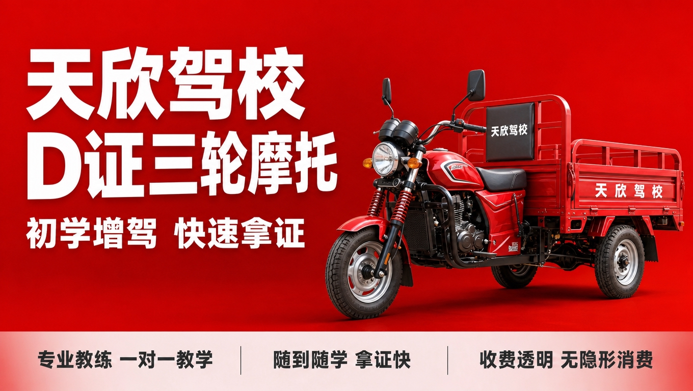基于参考图的驾校红底白字风格，生成天欣驾校D证三轮摩托车驾照培… - 图片创意预览