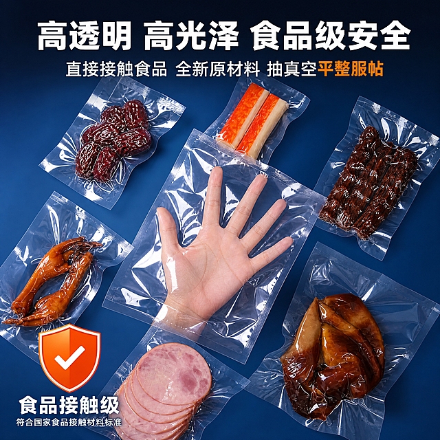 [主图-4] 主题：高透明度高光泽 食品级安全材质展示。唯一任务：突出袋子高透明度、高光泽度、食品接触级安全的品质特点。
[统一基调] 淘宝/天猫专业品质风格，深蓝渐变主背景配亮橙红强调色，白色主标题字，浅灰辅助字，粗黑无衬线字体，大号粗标题+中号副标题+小号说明字三级字号，圆角信息卡片，简洁现代商业摄影质感。
[画面] 画面中央一只手掌贴在透明真空袋后方，透过袋子清晰可见手掌纹理，展示超高透明度。周围环绕展示真空封装的多种食品：红枣、鸡爪、火腿片、蟹棒、鸭脖等，均清晰可见内部食物色泽形态。产品占画面约65%。背景深蓝色渐变。产品外观、透明度、材质与输入图完全一致。
[光影质感] 商业影棚侧逆光，袋体边缘有明亮透光效果，体现高光泽高通透质感，食物颜色鲜亮真实，光影层次丰富。
[配色] 深蓝背景，白色标题，食品本身的红、棕、粉等自然色彩丰富画面，整体鲜亮有食欲。
[文字版式] 画面上方大字主标题"高透明 高光泽 食品级安全"，下方副标题"直接接触食品 全新原材料 抽真空平整服帖"，左下角盾牌图标配"食品接触级"文字。文字横排，放在负空间。
[输出要求] 1:1正方形比例，2K高清，文字清晰，透明度表现真实。禁止产品变形，禁止改变直径，禁止改变形状，禁止改变透视角度，禁止重新绘制产品，禁止新增产品，禁止减少产品，禁止改变产品颜色。禁止错字、模糊、杂乱、水印、平台Logo。