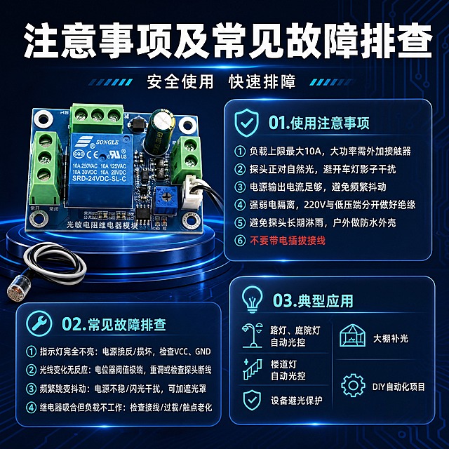 [商品] 使用【图1】光敏电阻继电器模块产品图；保留蓝色PCB板、SONGLE松乐蓝色继电器、绿色接线端子、电容、蓝色电位器、光敏探头的完整结构、颜色、丝印文字与Logo。
[画面] 目标：注意事项及常见故障排查页。构图：深色科技背景，顶部大标题，下方分三大信息区（注意事项、故障排查、典型应用），左侧或角落放产品小图（占画面约25%）；信息用半透明卡片分栏排列；背景深蓝渐变+电路走线纹理+发光光效。
[视觉] 套系策略：风格=深色工业科技风商业摄影（与参考图19.jpeg一致）；标题字=粗黑无衬线黑体加粗；正文字=简洁无衬线黑体；主色=深邃藏青蓝；背景延展=基于深蓝黑做渐变光晕、电路板走线纹理、蓝色发光圆环与光带装饰；强调色=青蓝色荧光，仅用于图标、引线、序号标签和光效点缀；标题色=纯白色；正文色=浅灰蓝；组件=半透明圆角深蓝信息卡、发光细线引线、圆形序号标签；光影=左前侧冷柔光+右侧蓝色轮廓光+底部发光台面。
[文字] 顶部主标题"注意事项及常见故障排查"，副标题"安全使用 快速排障"；
01.使用注意事项（6条）：①负载上限最大10A，大功率需外加接触器 ②探头正对自然光，避开车灯影子干扰 ③电源输出电流足够，避免频繁抖动 ④强弱电隔离，220V与低压端分开做好绝缘 ⑤避免探头长期淋雨，户外做防水外壳 ⑥不要带电插拔接线
02.常见故障排查（4条）：①指示灯完全不亮：电源接反/损坏，检查VCC、GND ②光线变化无反应：电位器阈值极端，重调或检查探头断线 ③频繁跳变抖动：电源不稳/闪光干扰，可加遮光罩 ④继电器吸合但负载不工作：检查接线/过载/触点老化
03.典型应用：路灯、庭院灯、楼道灯自动光控、大棚补光、设备避光保护、DIY自动化项目
警示类文字用红色标注，全部横排。
[规格] 图片比例1:1方版，4K，负向提示：避免变形、错字、文字过小、产品结构缺失、颜色偏色、暖黄背景、模糊、极限词。