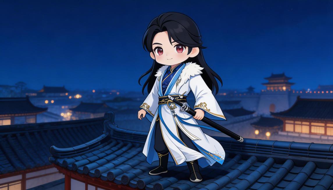 将图1的古风男性角色变成图2的Q版可爱古风插画风格，保留原有白蓝配色带毛领的古风长袍、佩剑的衣服特征，人物放置在夜晚的古代屋顶上，远处是古代城市建筑预览效果