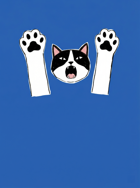 参考上传图片的简约扁平手绘风格，生成同款猫咪插画，猫咪插画仅占画面三分之一，背景填充为纯蓝色，画面不包含任何文字预览效果