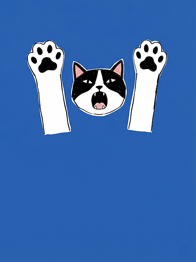 参考上传图片的简约扁平手绘风格，生成同款猫咪插画，猫咪插画仅占画面三分之一，背景填充为纯蓝色，画面不包含任何文字