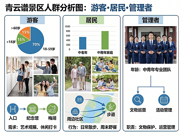 根据以下信息，生成一张青云谱景区人群分析图：游客以18-59岁中青年为主，需求是艺术观展、休闲打卡，行为轨迹从入口到纪念馆再到梅湖；居民以中老年日常散步、中青年家庭周末野餐为主，从周边社区进入沿步道活动；管理者为中青年专业团队，负责文物巡查和活动管理。用清晰的数据图表+场景拼贴，标注不同群体的年龄、需求和流线，风格专业清晰