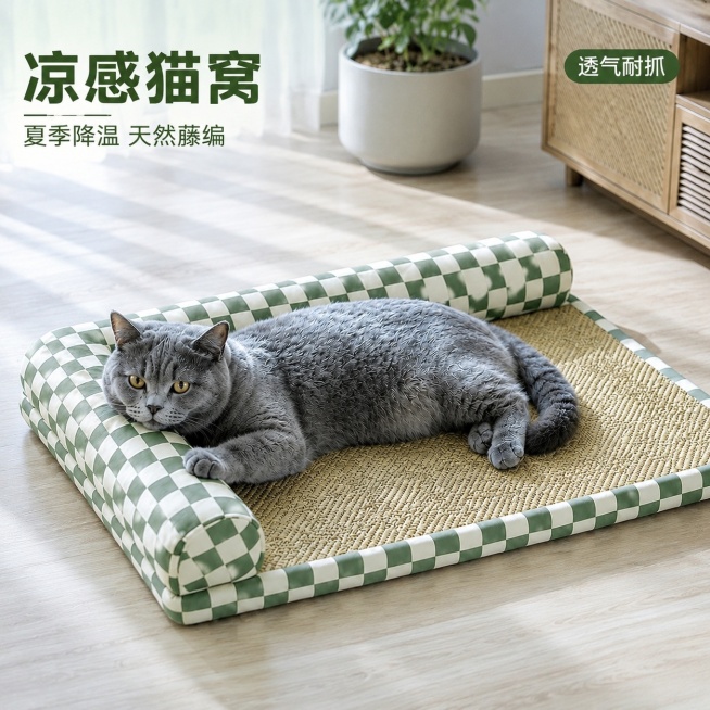 [主图-1] 绿白格纹凉席宠物猫窝垫场景首图
[氛围风格] 清新冷调清凉夏日家居场景，整体氛围清爽通透
[画质] 商业摄影质感、光线柔和通透、产品清晰真实、画面干净高级，精细化强化藤编菱形纹理的编织质预览效果