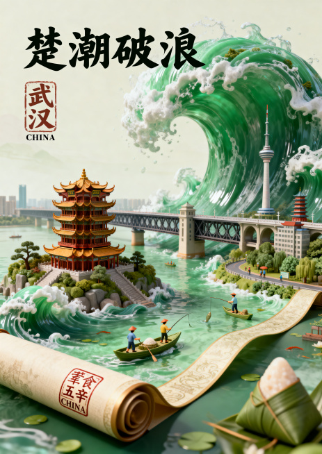 A3竖版铺陈绢本手卷，水墨风格，整体绿色色调，卷面展现武汉立体图景，集合黄鹤楼，长江大桥，电视塔，东湖绿道等武汉特色建筑与景观，卷首篆刻"武汉"及"CHINA"标识，构图灵动，有小人儿在进行端午节活动预览效果