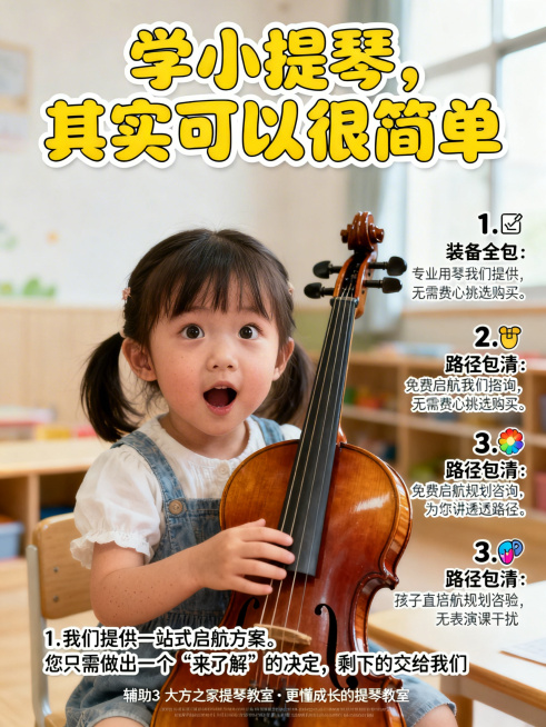 素人原生感,真实日常场景,生活化手机实拍质感。海报主题：学琴轻松启航。人物维度：女性/幼儿园小女孩着装，好奇兴奋表情，小手摸着小提琴琴身，半身景别，平视拍摄角度，美白，均匀肤色提亮肤色，肤质哑光细腻，预览效果