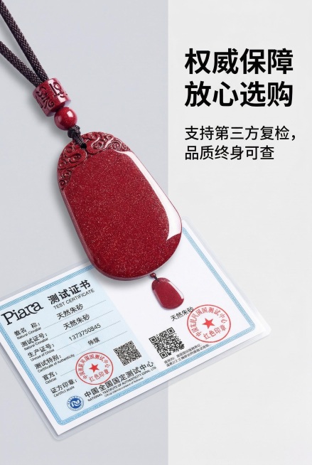 2:3竖版，杂志级精致排版，严格还原上传的产品图，包括包装设计、颜色、LOGO位置、文字内容、图案元素等所有细节，产品与场景比例1:1协调。左侧展示吊坠与复检证书的组合图，右侧为文字区域，主标题：「权预览效果