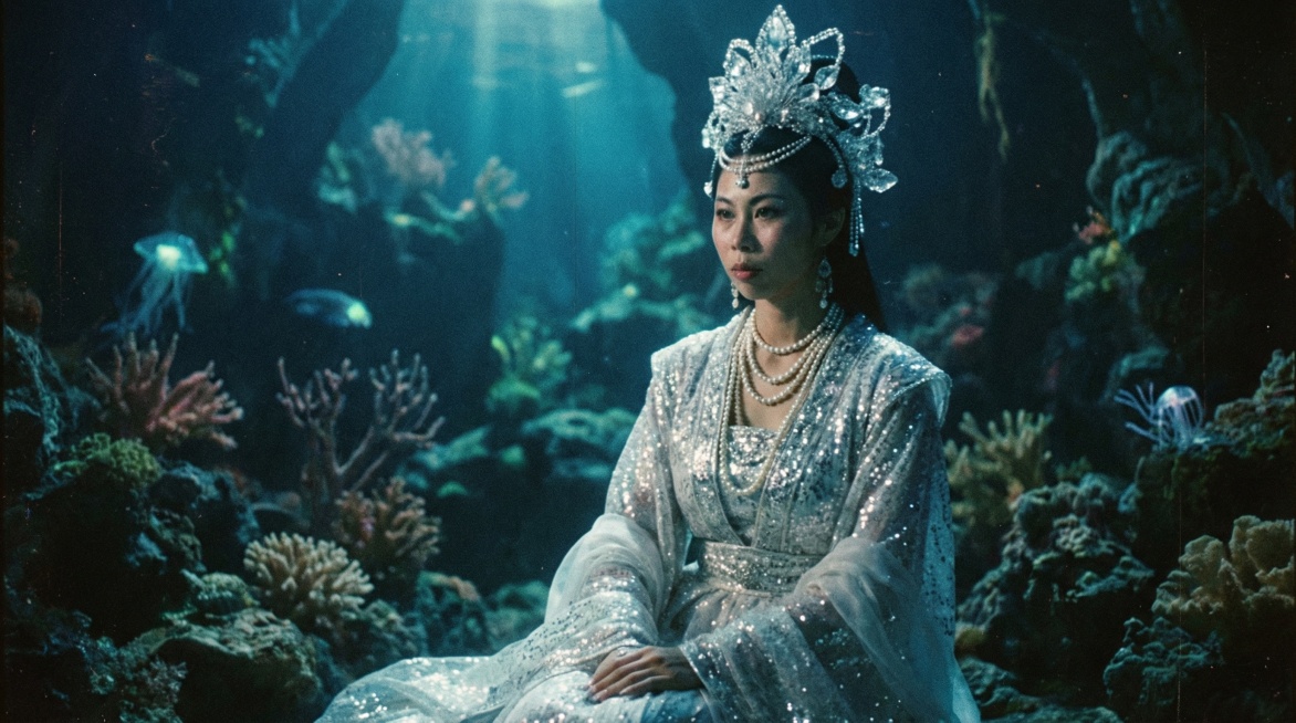 把图中女子改为86 版《西游记》电视剧风格，万圣公主龙宫造型，身穿银白色镶亮片古装，头戴水晶质感的华丽头饰，多层珍珠项链，背景为昏暗的海底洞穴，冷色调，侧光营造神秘感，复古胶片颗粒，影视截图质感。预览效果