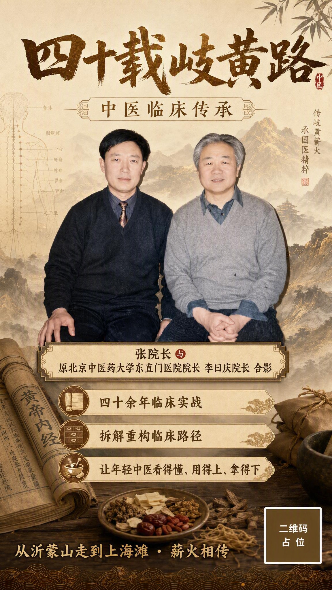 基于这张两位中医院长的合影老照片，制作一张中医传承形象宣传海报… - 图片创意预览