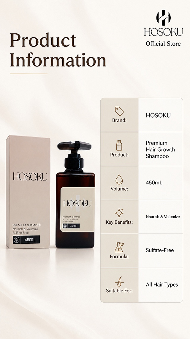 [第8屏] Product specifications and full packaging information, final screen of the detail page. This screen uses [image1] as product reference for bottle and box.
[氛围/风格] Clean specification layout, professional premium end page. 
[元素布局] Left side shows full product (bottle + box), right side is vertical specification table. Product appearance, size, text and color exactly same as input image. Specification table includes brand, product name, net content, key benefits, suitable hair types. 
[光影质感] Soft studio lighting, clear product details, even illumination on text in specification table. 
[配色色系] Global background #F5F1EB, same as first screen, unified overall tone, main color warm beige, auxiliary dark brown. 
[视角构图] Left product right table layout, which is best for this vertical product, clear separation, easy to read. 
[文字版式] Main title at top "Product Information", specification table: Brand: HOSOKU, Product: Premium Hair Growth Shampoo, Volume: 450mL, Key Benefits: Nourish & Volumize, Formula: Sulfate-Free, Suitable For: All Hair Types, all English, correct capitalization, no Chinese characters. 
[比例分辨率] 9:16 vertical, 4K resolution, clear readable text. 
[负向提示词] deformed product, wrong specification text, garbled text, Chinese characters, wrong color, missing information