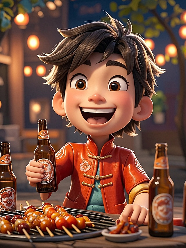 卡通感3D风，软萌角色身着中式服饰，手持啤酒，桌上烧烤串，喜庆氛围浓厚。