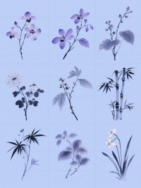 中国传统水墨画风格，以淡蓝色为纯色背景，画面整体色彩变换为清新淡雅的蓝紫色调，保持原作风韵的植物元素，精心绘制同风格的不同植物（包括兰花、菊花、梅花、竹子、水仙）元素素材集合，每株植物均以细腻的水墨笔触勾勒形态，花瓣与叶片边缘晕染柔和，叶脉纹理清晰可见，茎秆纤细挺拔，带有自然的墨色浓淡变化，所有植物元素呈网格状规整排布，彼此间距均匀，构图平衡对称，营造出宁静雅致、和谐统一的视觉效果，保持水墨画……预览效果