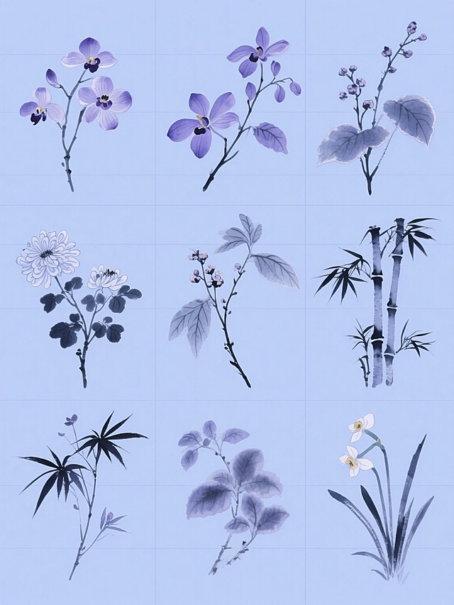 中国传统水墨画风格，以淡蓝色为纯色背景，画面整体色彩变换为清新淡雅的蓝紫色调，保持原作风韵的植物元素，精心绘制同风格的不同植物（包括兰花、菊花、梅花、竹子、水仙）元素素材集合，每株植物均以细腻的水墨笔触勾勒形态，花瓣与叶片边缘晕染柔和，叶脉纹理清晰可见，茎秆纤细挺拔，带有自然的墨色浓淡变化，所有植物元素呈网格状规整排布，彼此间距均匀，构图平衡对称，营造出宁静雅致、和谐统一的视觉效果，保持水墨画特有的透明晕染质感和留白意境，整体画面简洁大方，具有浓厚的东方艺术韵味。