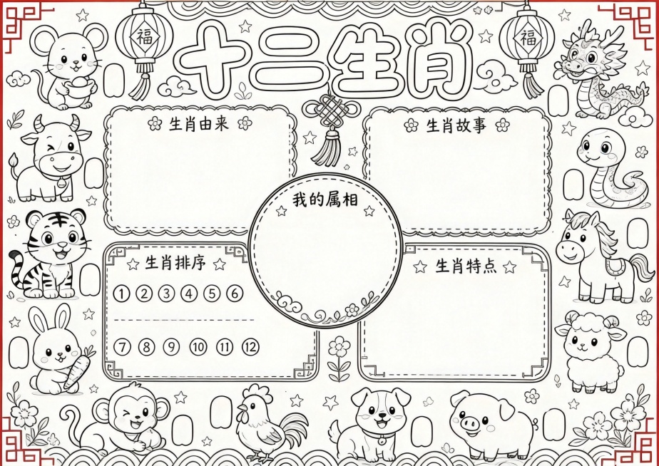 将这张十二生肖手抄报转换为黑白线稿图，保留所有轮廓和排版结构，去除颜色填充，适合涂色预览效果
