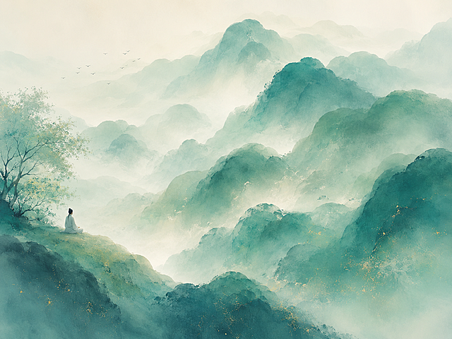 青绿山水的现代重构，视觉主体是用没骨法绘制的连绵山峦，以青、绿为主色调，从深到浅渐变晕染，柔和朦胧的雾中山景效果，没有硬朗轮廓线，靠色彩浓淡变化塑造山体圆润与层次。山体层层叠叠，线条舒缓流畅，画面左侧山坳点缀一个席地而坐的人物，强化人在画中游的隐逸意境，整体氛围静谧治愈，充满东方美学禅意