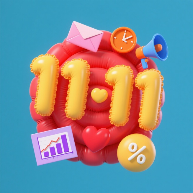 主体为一个促销感的黄色“11·11”造型，结合装饰元素：漂浮着喇叭、时钟、信封、爱心、数据图表、折扣标识等，前景干净，背景为红色预览效果