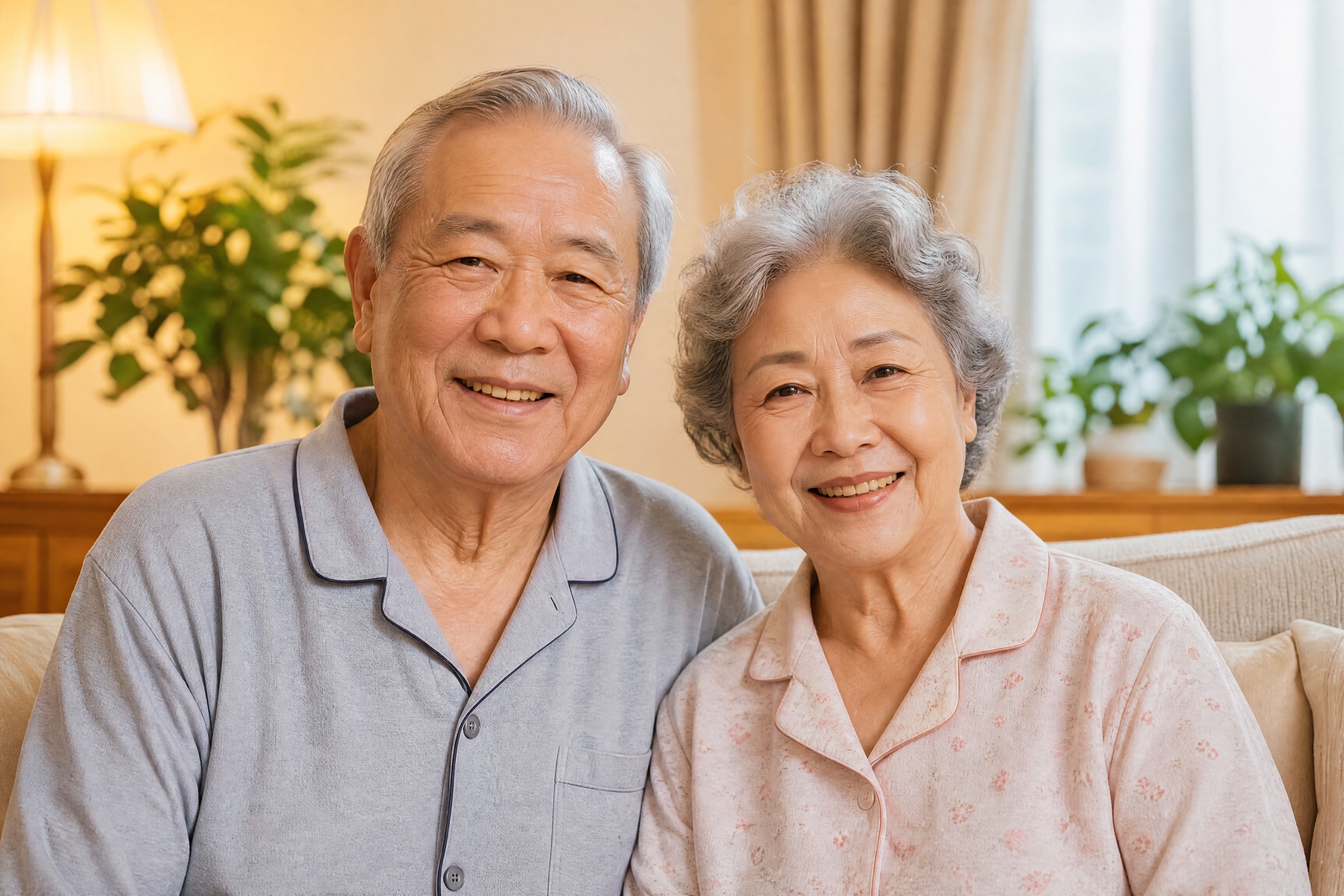 一对和蔼的中国老年夫妻，约65-75岁，坐在温馨的室内客厅环境… - 图片创意预览
