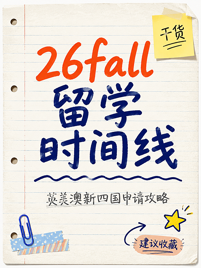 小红书笔记大字封面，纯大字，手账拼贴风，版式精美，小红书笔记封面质感，适合信息流点击。主标题必须完整呈现且为画面视觉中心，逐字锁定：「26fall留学时间线」。主标题字号占画面约45%视觉权重，清晰可读，不得增删改字。副标题：「英美澳新四国申请攻略」。装饰短句：「干货笔记」「建议收藏」。背景：米白色横线笔记本纸纹理，左侧有三个活页装订孔，带轻微纸张质感和折角。标题排版：主标题为深蓝色马克笔手写体，略带倾斜，活泼有手写感，位于画面中上部；「26fall」为橙红色高亮，其余字为深蓝色。副标题在主标题下方，灰色细体字。装饰：画面右上角贴一个黄色便签纸贴纸，上面写着「干货」；左下角贴一个蓝色回形针装饰和一小段彩色胶带；右下角有一个手绘星星和箭头小装饰；主标题下方有一条手绘波浪下划线。整体氛围：学霸笔记感、干货分享、亲切活人感，像自己整理的留学笔记。画质：高清细腻，信息层级清晰，主标题与背景强对比，文字完整处于安全区内不可裁切，四周留安全边距。画面比例3:4，4K。