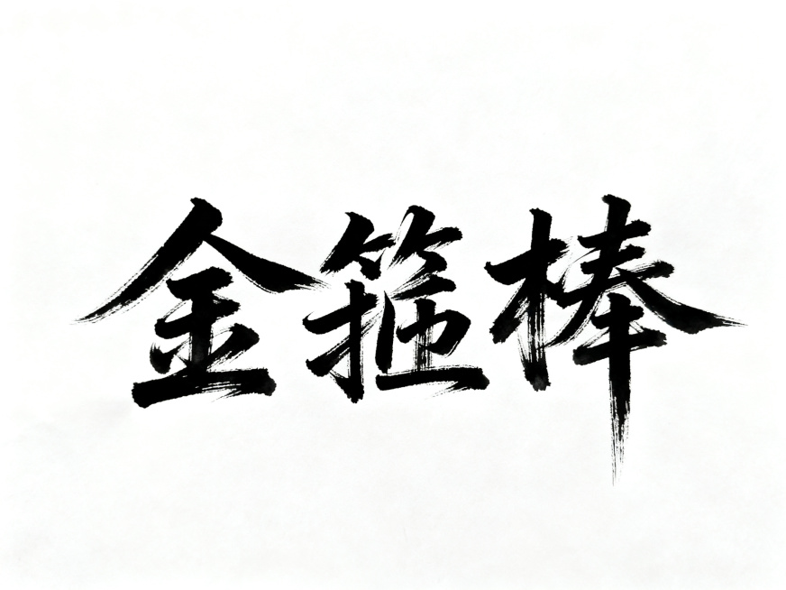 重新生成完整无裁切的狂草手写“金箍棒”三个汉字，纯黑墨色，无描边，狂草奔放风格，飞白枯笔质感，三个字全部完整呈现，笔画不超出画面，四周留足安全边距，纯白背景，横向排列，比例4:3预览效果