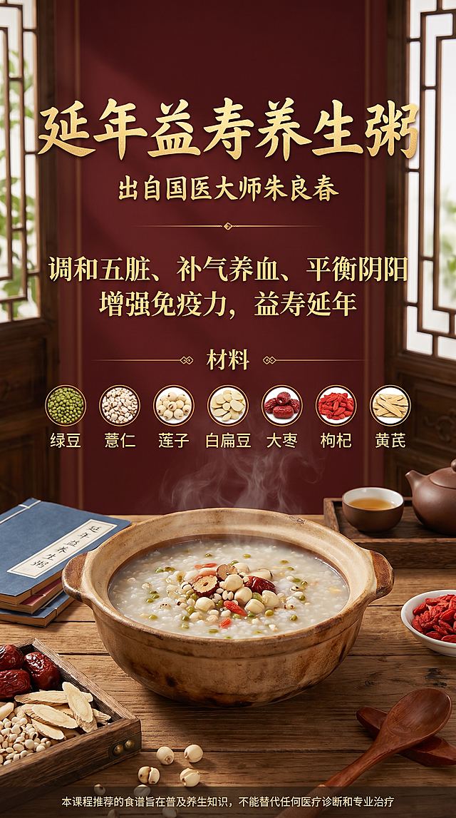 制作延年益寿养生粥食谱宣传图，展示延年益寿养生粥成品，大气雅致风格，包含所有文字信息：标题"延年益寿养生粥"，出处"出自国医大师朱良春"，核心功效"调和五脏、补气养血、平衡阴阳。增强免疫力，益寿延年"，组成"绿豆、薏仁、莲子、白扁豆、大枣、枸杞、黄芪"，下方小字提示"本课程推荐的食谱旨在普及养生知识，不能替代任何医疗诊断和专业治疗"，所有文字清晰排版美观。