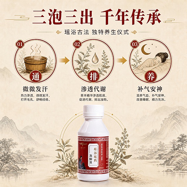 [主图-2] 核心卖点：三泡三出养生法，瑶浴独特养生仪式解析。
[统一基调] 国风养生风格，深红与米白为主色调，金色点缀，主标题用粗体宋体，辅助文字用细黑体，整体典雅大气，草本自然质感。
[画面] 产品瓶身位于画面下方居中，占画面约30%。画面上半部分采用三段式横向布局，展示"三泡三出"的三个步骤，每步用圆形图标加文字说明。第一步图标：热气升腾的泡脚桶剪影，配文"通 微微发汗"；第二步图标：草本植物与水滴，配文"排 渗透代谢"；第三步图标：安神月亮与睡眠人物剪影，配文"养 补气安神"。三个步骤之间用金色箭头连接，形成循环递进感。背景为浅米色宣纸纹理，点缀淡墨山水线条。
[光影质感] 商业摄影质感，产品瓶身光影真实自然，图标与文字清晰锐利，整体光线均匀柔和，有传统宣纸的温润质感。
[配色] 主色米白底色，深红色标题与图标边框，金色箭头和点缀色，文字深棕色，整体古朴典雅。
[文字版式] 画面顶部大标题："三泡三出 千年传承"，粗宋体深红色，居中。三个步骤图标下方各有对应说明文字，字体为清晰黑体。产品瓶身上方有小字："瑶浴古法 独特养生仪式"。文字排版对称平衡，信息层级分明。
[输出要求] 比例1:1，文字清晰可读，产品清晰不变形，无水印，无平台Logo，无错字，信息图风格清晰明了。